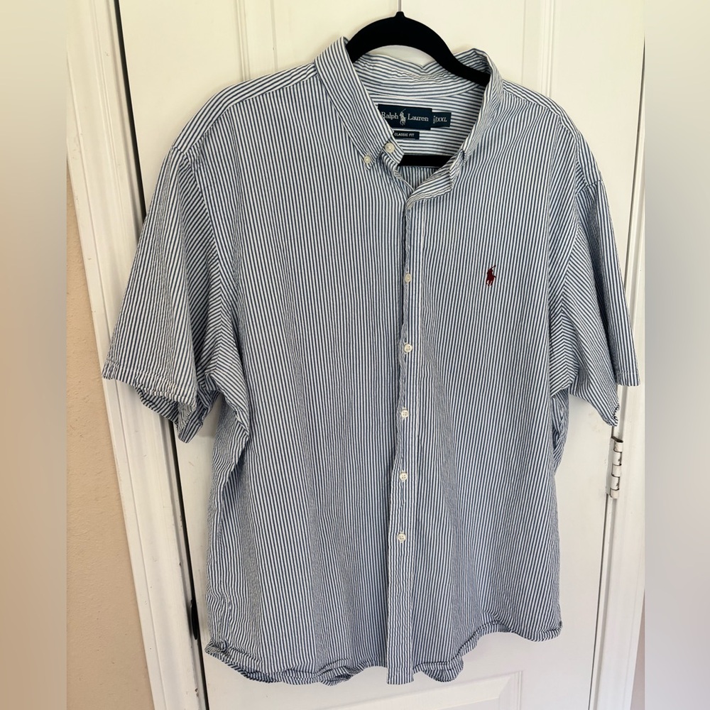 Ralph Lauren Short-Sleeve 2XL Blue and White Pinstripe Button-Down Shirt XXL